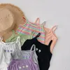 Summer baby girls flower embroidery cute vests kids all-match striped Tops high elastic Tees 210508