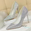 Sapatos de vestido senhoras saltos altos brilhantes cristal dourado elegante casamento preto mulheres stiletto 2021