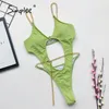 Sexy monokini de una pieza con cadena de metal, mono verde sólido, traje de baño calado, traje de baño de corte alto, 210414