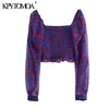 Women Fashion Floral Print Cropped Blouses See Through Puff Sleeve Smocked Female Shirts Blusas Chic Tops 210420