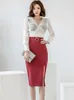 Office Lady 2 Pieces Set Slim Women Lace-Up White Shirts Blouses And High Waist Sheath Pencil Bodycon Skirts Suit 210529