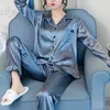 2PCS Pajamas Sets Women Lapel Imitation Silk Long Sleeve Home Wear Ladies Mujer Sexy Satin Tops+Pants Nightgown Sleepwear Autumn 210830