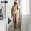 GIGOGOU Tricoté Drapé Pantalon Large Costume Hiver Chaud Deux Pièces Ensembles Y2K Femmes Pull Survêtements Long Pantalon Droit Tenues 211007