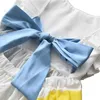 FocusNorm 2-7Y Güzel Bebek Kız Yaz Elbise Ruffles Kolsuz Gökkuşağı Çizgili Baskılı Backless Bowknot A-Line Sundress Q0716