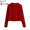 Shelatsbling Za kobieta Dorywczo Traf Crop Tops Jesień Tweed Woolen Double Breasted O-Neck Red Kurtka Kobiet Regularne Fit Coats 210930