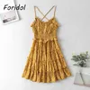 Foridol Blumendruck Sexy rückenfreies Criss-Cross-Slip-Kleid Frauen Rüschen Sommer Boho gelbes kurzes Kleid Sommerkleid ärmelloses Kleid 210415