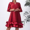 Women Red Dress Loose V Neck Long Sleeves Ruffles Patchwork Oversized African Large Plus Size Ladies Female Vestidos Robes 210416