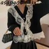 Casal Sweater Fashion Chic SweatersJumpers Cardigan V Pescoço Retalhamento Retalhos Negros Ruffles Jaqueta Kniened Mulheres Retro Puxar 210610