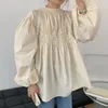 Mångsidig grädde aprikosblus Kvinnors vårrunda Nacke Pleated Loose Bubble Sleeve Shirt Kvinna 5A1308 210427