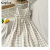 Neploe Plaid Dress vinatge韓国の日焼け止め春セクシーなビーチの女性スパゲッティストラップES女性パーティーナイト2021服Y0823