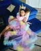 2021 Cute Colorful Girls Pageant Dresses V Neck Ruffles Tulle Tiered Short Hi Lo Detachable Train With Bow Kids Flower Girl Birthday Gowns
