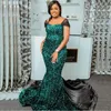 Glitter Sequin Mermaid Evening Dresses Off Shoulder Ruched Satin Prom Dress Celebrity Formal Gown Plus Size Sweep Train Robe de mariée