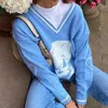 Rapwriter rayé motif surdimensionné bleu pull femmes automne à la mode Streetwear col en V pull 90s hauts tricots femme pull 210922