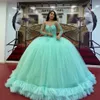 Mintgrünes Ballkleid Quinceanera-Kleider 2022 Langarm-Spitze-Pailletten-Abschlussball-Kleider Schnürkorsett Sweet-15-Partykleid