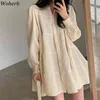 Coreano Casual Lungo Del Manicotto Della Lanterna Del Vestito Pieghettato Delle Donne Elegante Girocollo Mini Abiti Allentati Chic Robe Vestido 210519