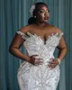 Robe de mariée de nouvel an, grande taille, robes de mariée sirène en cristal africain avec longue traîne, col transparent, robes de mariée sur mesure