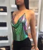 Chaîne de poitrine en métal sexy Bralette Crop Top Femmes Été Halter Bustier Tops Beach Party Discothèque Gold Sequin Débardeur Cami 210407