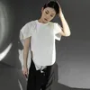 [Eam] Mulheres Branco Botão em forma de t-shirt irregular ocasional em torno do pescoço de manga curta moda primavera verão 1d7715 21512