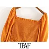 TRAF Kadınlar Tatlı Moda Smocked Ruffled Kırpılmış Bluzlar Vintage Kare Yaka Uzun Kollu Kadın Gömlek Chic Tops 210415