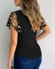 Kvinnors Blusar T-shirts 2021 Ruffle Kortärmad Blus Sommar Fashion Casual Floral Broderi Cutout Mesh Sheer Tops Slim Vintage