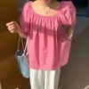 ピンクoネックパフスリーブレースアップバックレスドールシャツ女性夏の緩い甘いブリューズオールマッチ半袖ホワイトブラウスファッション210610