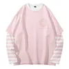 Cute Lolita Pink Fake 2 pezzi T-shirt a maniche lunghe a righe Card Captor Sakura T-shirt patchwork Otaku Anime T-shirt allentate Top 210714