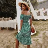 FORIDOL RUCHED WENCHED RUCHED WENDS OFLE BEED Летнее платье Boho Beach Holiday платье Длинные эластичные женские зеленые цветочные печать платье Vestidos 210415