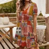 Loose Bohemian Printed Women Dress Sexy V-Neck Short Sleeve Drawstring Elastic Waist Summer Female Dress W202 210526