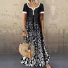 Casual Vrouwen Positie Print Lange Jurk Zomer Korte Mouw V-hals Jurken Dames Losse Strand Maxi Jurk Vestidos Plus Size Q0707