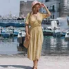 バックレスボーホーの女性花柄夏の長い休日のビーチヴェスティドカジュアルマキシサンドレス黄色のドレス210415