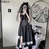 Asymmetrische zwarte jurk vrouwen harajuku gothic spaghetti riem patchwork jurken Japanse y2k goth vestido de mujer 210519