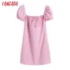 Tangada Summer Women Pink Plaid Beach Dress Square Neck Short Sleeve Ladies Mini Dress Vestidos BE600 210609