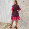 Jastie Mode Neue Frauen Sommer Böhmischen V-ausschnitt Kleid A-Linie Strand Boho Kleid Casual Plus Größe Knie Länge Lose sommerkleid 210419