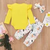 Giyim Setleri Bebek çocuk 3 adet Bebek Kız Giysileri Komik Mektup Baskı Fırfır Romper + Çiçek Pantolon Kafa Kıyafetler Set