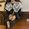 Gullig spetschiffonskjorta Casual Sweet Women Peter Pan Collar Koreanska Chic Ladies Toppar Puff Sleeve Vintage Blouse 11767 210417