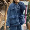 ジョニーチャーの女性の暖かいコットンブルーの灰色のコートOネックパーカー春の中華風の緩いレトロな女性ビンテージポケットパーカー210521