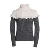 Women Sweater Turtle Neck Pullover Long Sleeve Casual Winter Gray White Patchwork Ruffle Cable M0302 210514