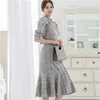 Summer Korean Plaid Double-breasted Long Mermaid Dress Women Short Sleeve Notched Collar Sashes Ol Style Vintage Vestidos 210513