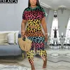 Sexy twee PEICE Set voor Dames Zomer Luipaard Print Korte Mouw O Hals Plus Size Outfit Crop Tops + Broek Streetwear Kleding 210515