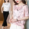 Chemise femme coréenne Blouses en soie pour femmes à manches courtes imprimé femme haut col rond Blouse femme basique s 210604