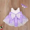 2021 neugeborenes Baby Prinzessin Mädchen Kleid Stirnband 6 Farben Ärmellose Spitze Bogen Blumen Kleid Hochzeit Party Kinder Kleidung 0-24M G1129