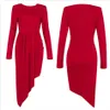 Femmes gratuites robe rouge sexy col rond manches longues moulante irrégulière drapée célébrité club fête mini robe 210524
