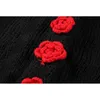 Black Long Sleeve Crop Knitwear Women Flower Button Retro Sweater Spring Loose Leisure Elegant Ulzzang Y2K Knitted Top Lady 210417