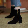 Real Tornozelo de pele de lã Botas de couro genuíno de couro alto mulher zipper grosso sapatos quadrados dedo do pé curto fêmea 40 210517