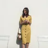 Summer Dress Women Cotton Linen OL Casual Half Sleeve es Female V neck Solid Yellow Boho Robe Femme Vestido 210423