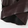 Mode PU Faux cuir haut femmes Sexy évider été marron débardeur Streetwear dames O cou manches hauts courts 210414