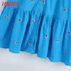 Femmes broderie florale bleu robe mi-longue Vintage manches bouffantes femme robes décontractées Vestidos BE841 210416