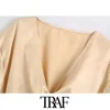 TRAF Women Fashion With Knot Cozy Cropped Blouses Vintage Short Turn-up Sleeves Back Elastic Female Shirts Chic Tops 210415