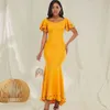 Women Yellow Long Dress Party with Beading Dinner Evening Mermaid Maxi Plus Size Female Birthday Celebrate Clothing for Summer 210416