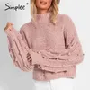 Turtleneck Vinter Rosa Kvinnor Sweatwer Casual Lantern Sleeve Kvinna Jumper Varm Kort Retro Ladies Sweater 210414